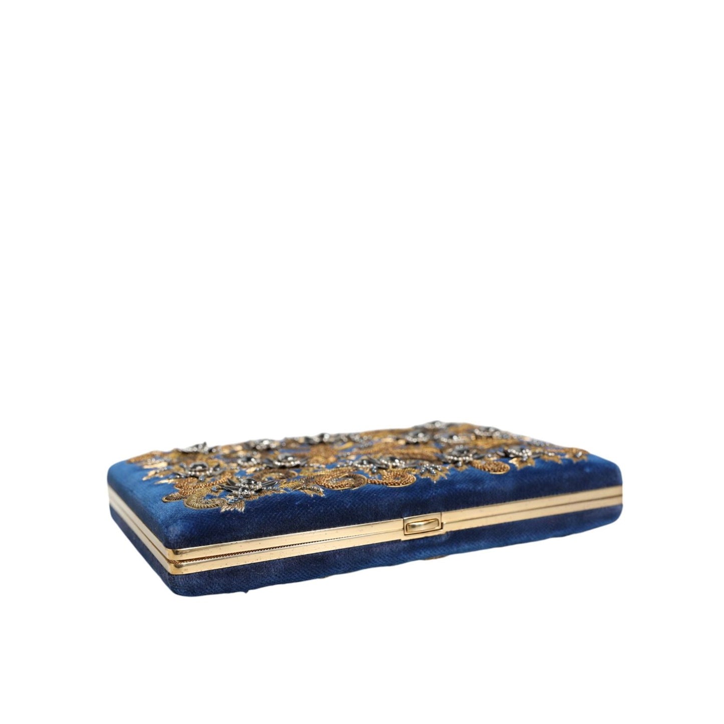 Dolce & Gabbana Blue Velvet Gold Frame Clutch Evening Party Purse Bag BAG1527