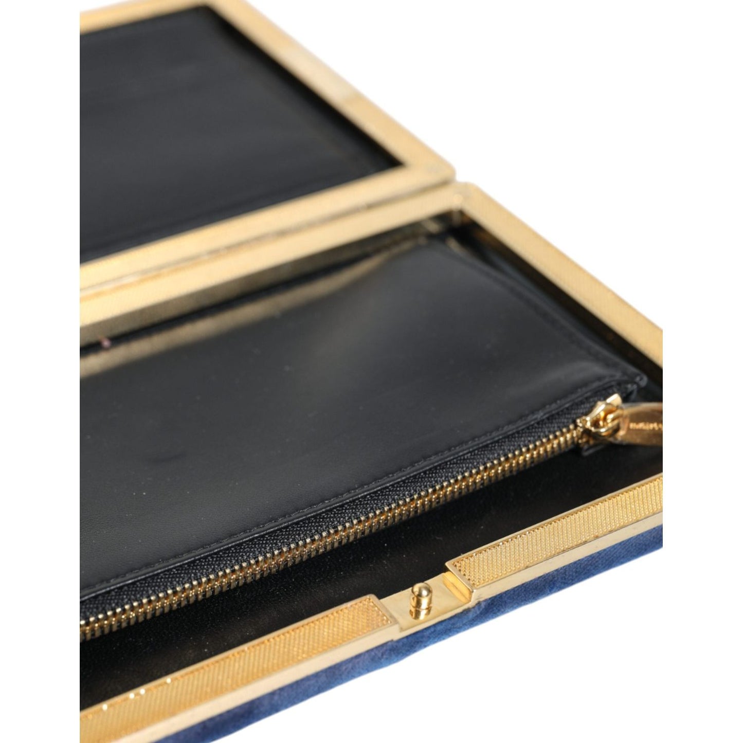 Dolce & Gabbana Blue Velvet Gold Frame Clutch Evening Party Purse Bag BAG1527