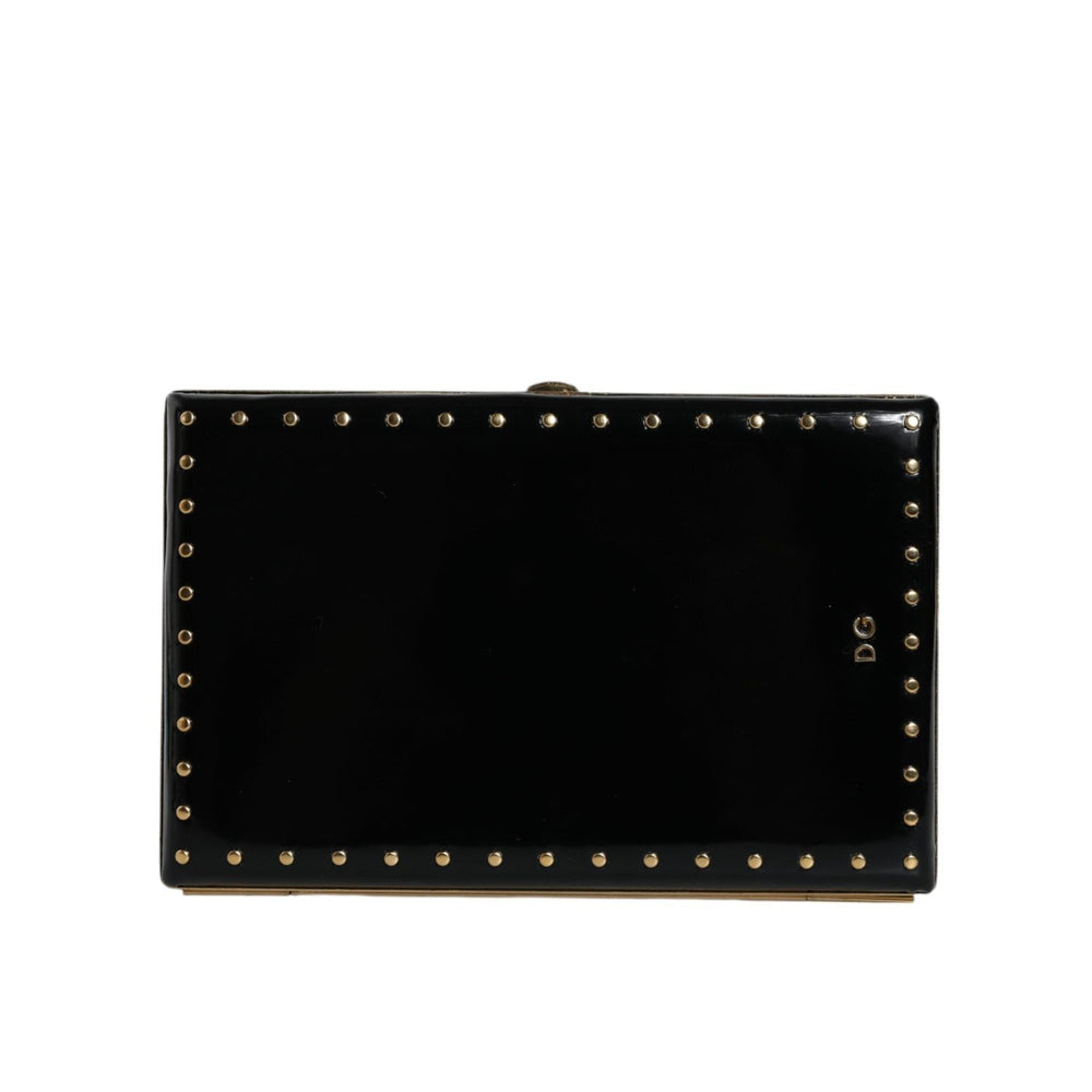 Dolce & Gabbana Black Leather Studs Gold Frame Clutch Evening Purse Bag BAG1531