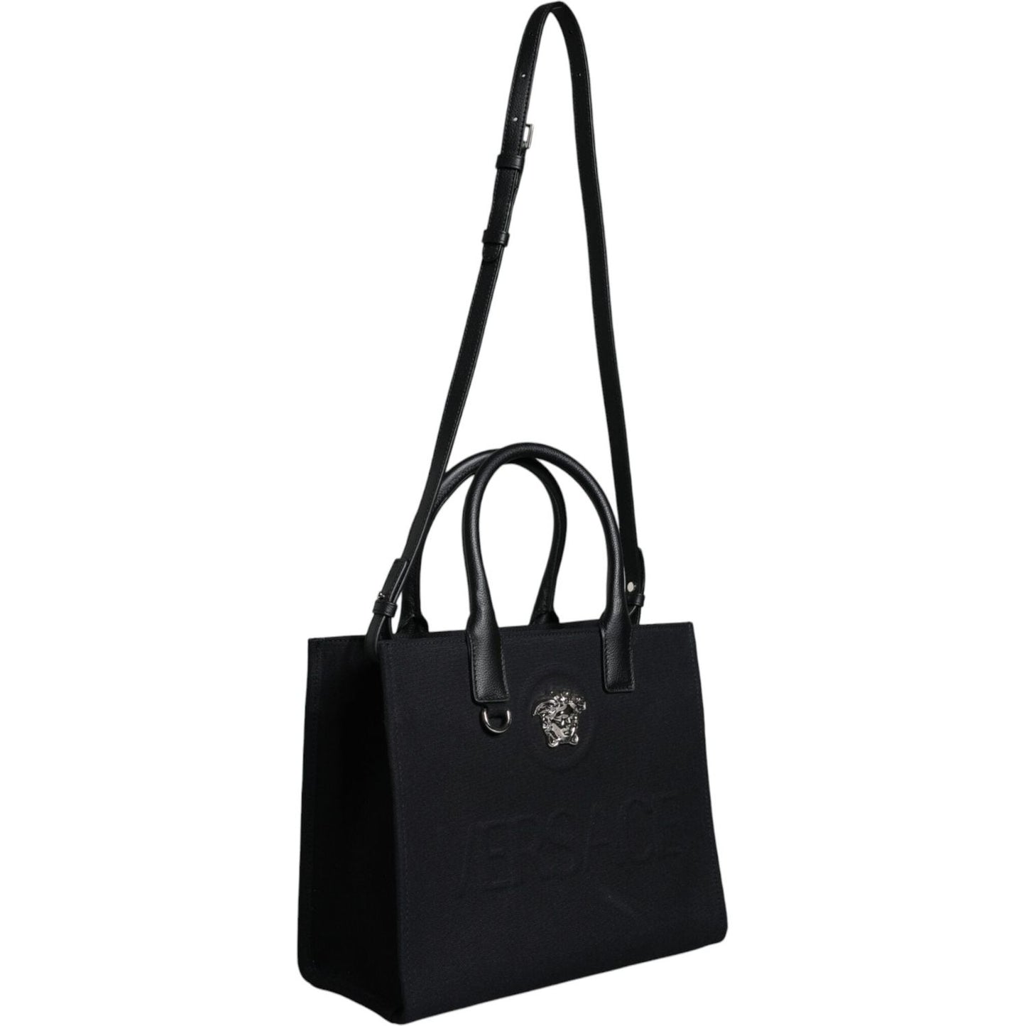 Versace Black Top Handle Canvas Leather Logo Crossbody Tote Bag BAG1594