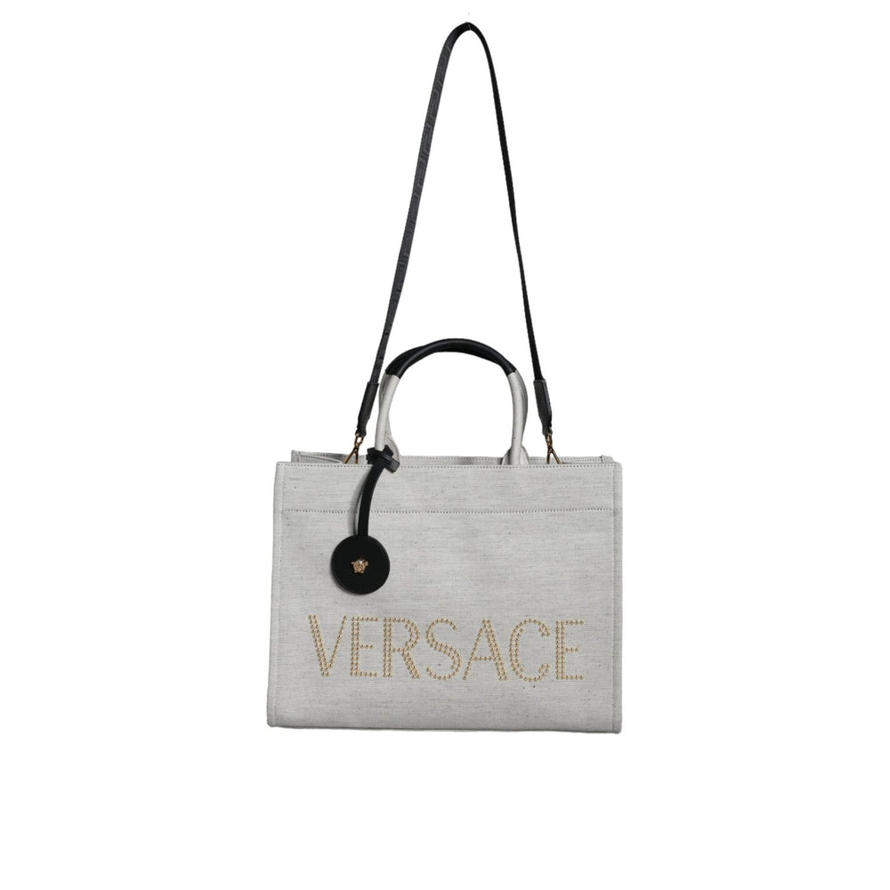 Versace White Top Handle Canvas Leather Logo Crossbody Tote Bag BAG1598