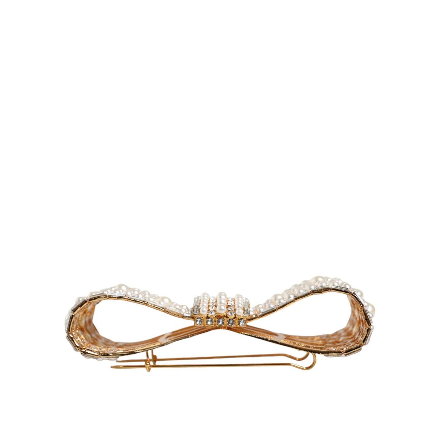 Dolce & Gabbana Gold Tone Brass Bow Crystal FauxPearl Embellished Brooch SMY10377