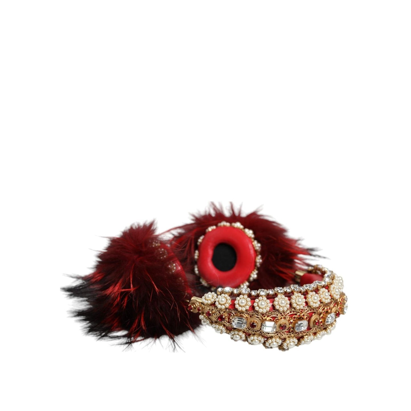Dolce & Gabbana Red Gold Crystal Fur Headset Audio AUX Headphones SMY10426