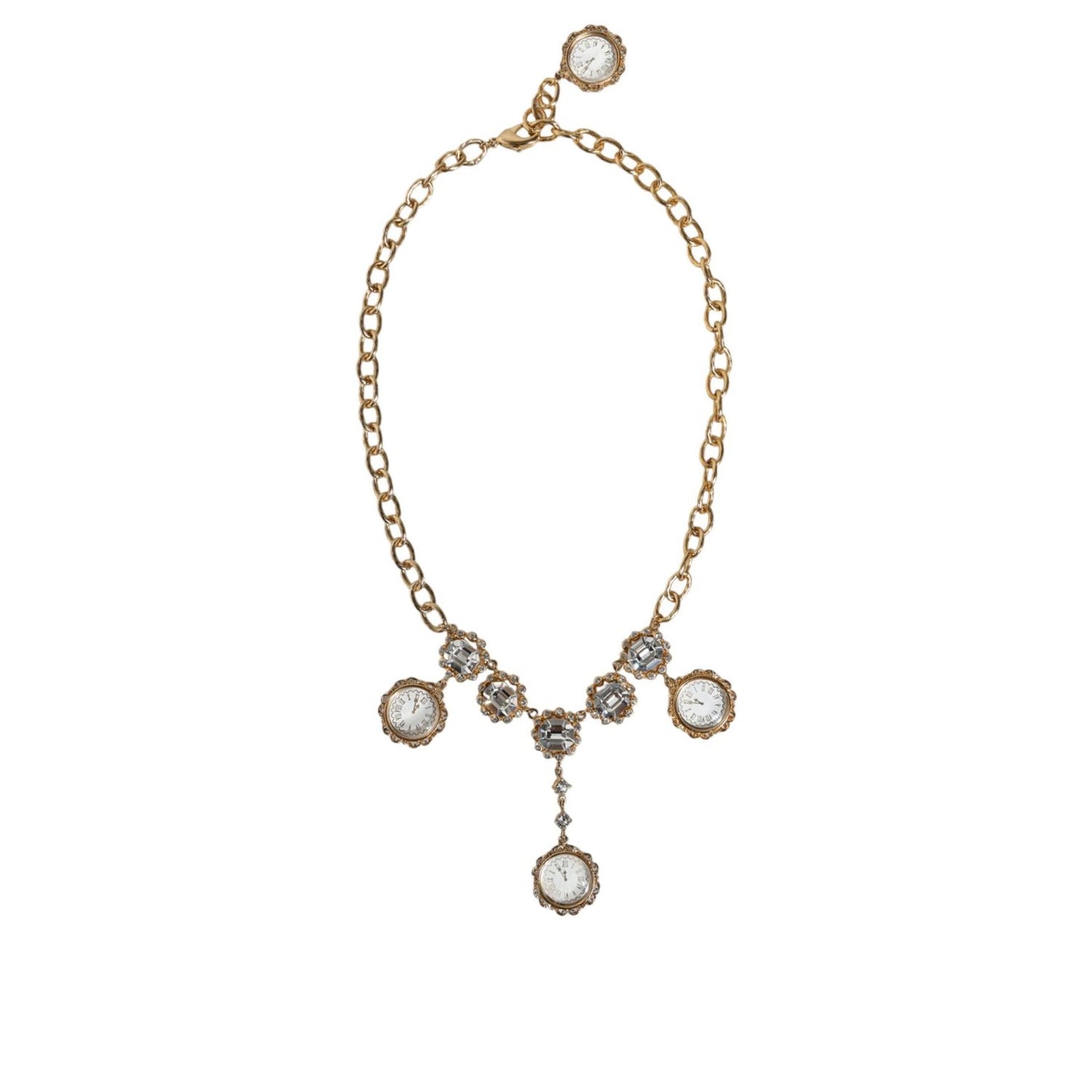 Dolce & Gabbana Gold Chain Brass Crystal Clock Statement Necklace SMY10353