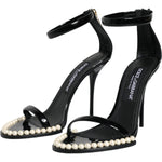 Dolce & Gabbana Black Keira Leather Faux Pearl Sandals Heels Shoes LA11782-37.5