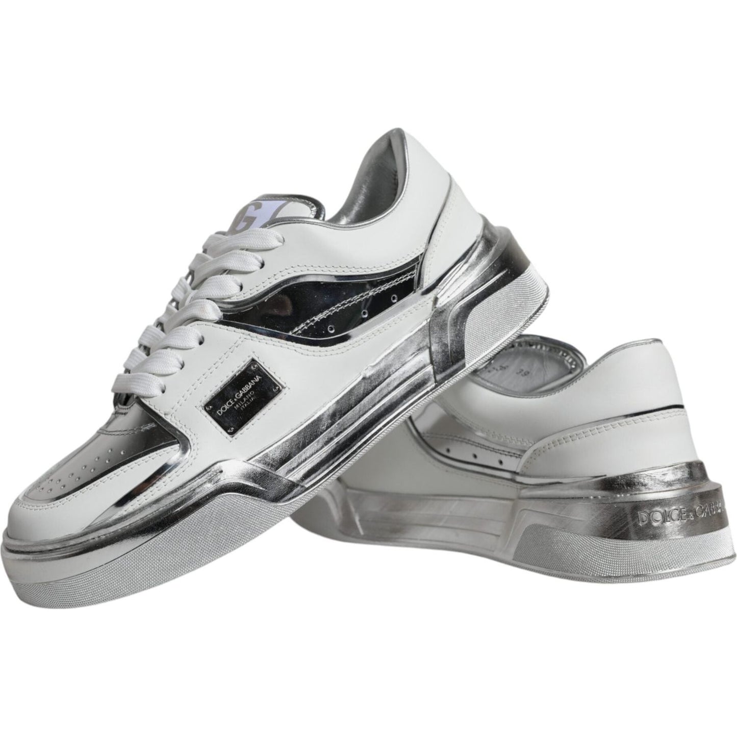 Dolce & Gabbana White Silver Leather Low Top Sneakers Shoes LA11969-39