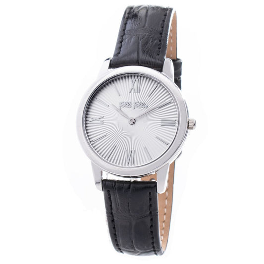 Folli Follie Black Leather Dress Watch with quartz mechanism, stainless steel case, and analog display.