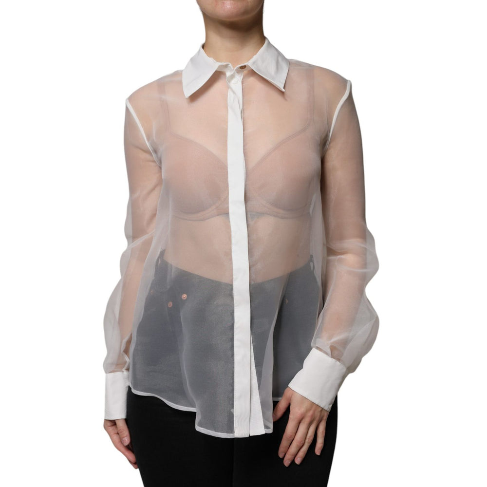 Elisabetta Franchi White Sheer Collared Buttoned Long Sleeves Top TSH86733-46
