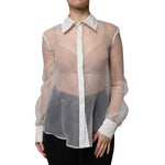 Elisabetta Franchi White Sheer Collared Buttoned Long Sleeves Top TSH86733-46
