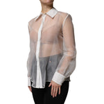 Elisabetta Franchi White Sheer Collared Buttoned Long Sleeves Top TSH86733-46
