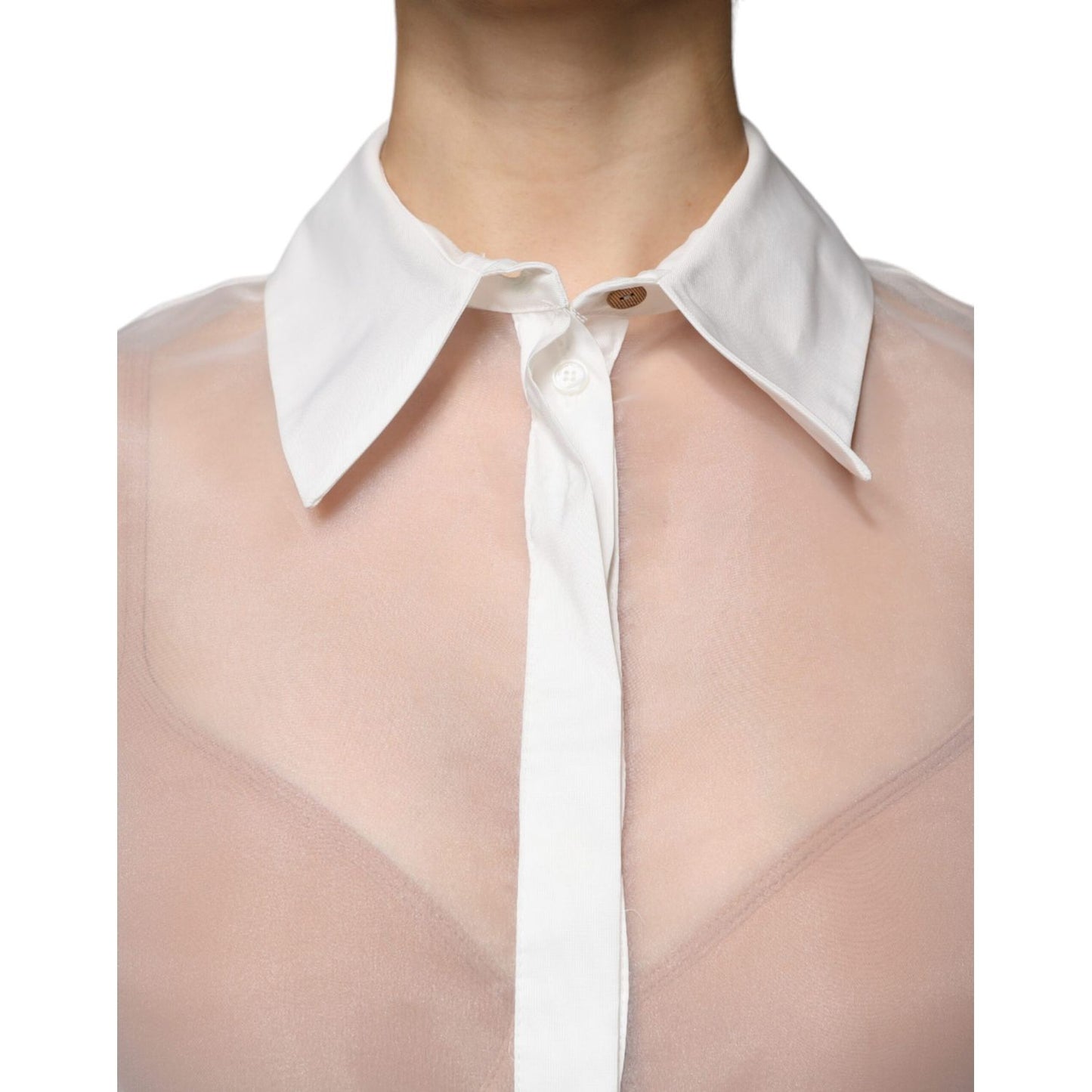 Elisabetta Franchi White Sheer Collared Buttoned Long Sleeves Top TSH86733-46