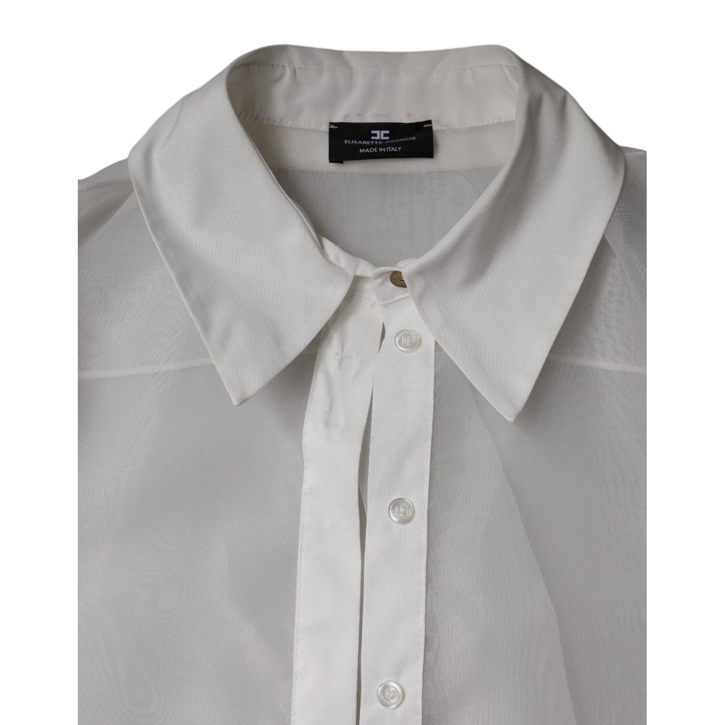 Elisabetta Franchi White Sheer Collared Buttoned Long Sleeves Top TSH86733-46