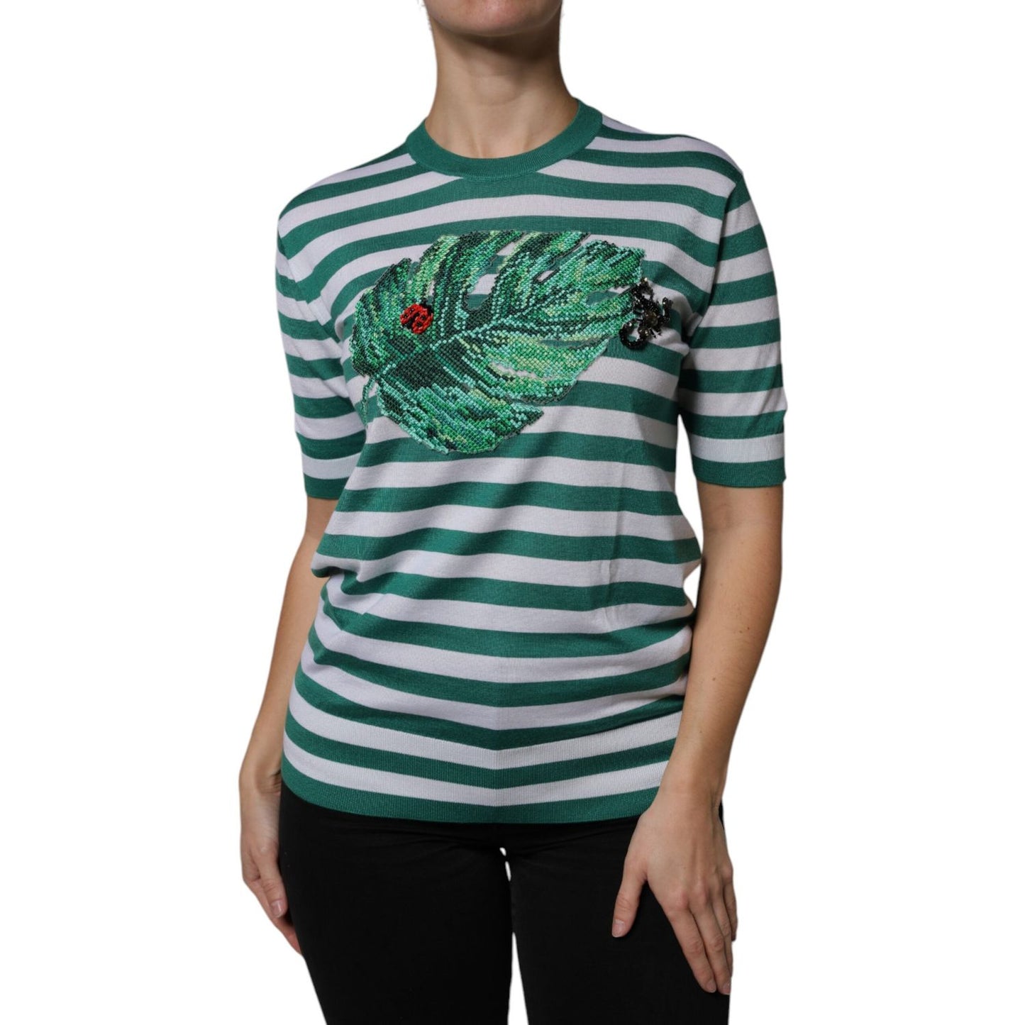 Dolce & Gabbana White Green Stripe Leaf Crew Neck T-shirt TSH86809-36