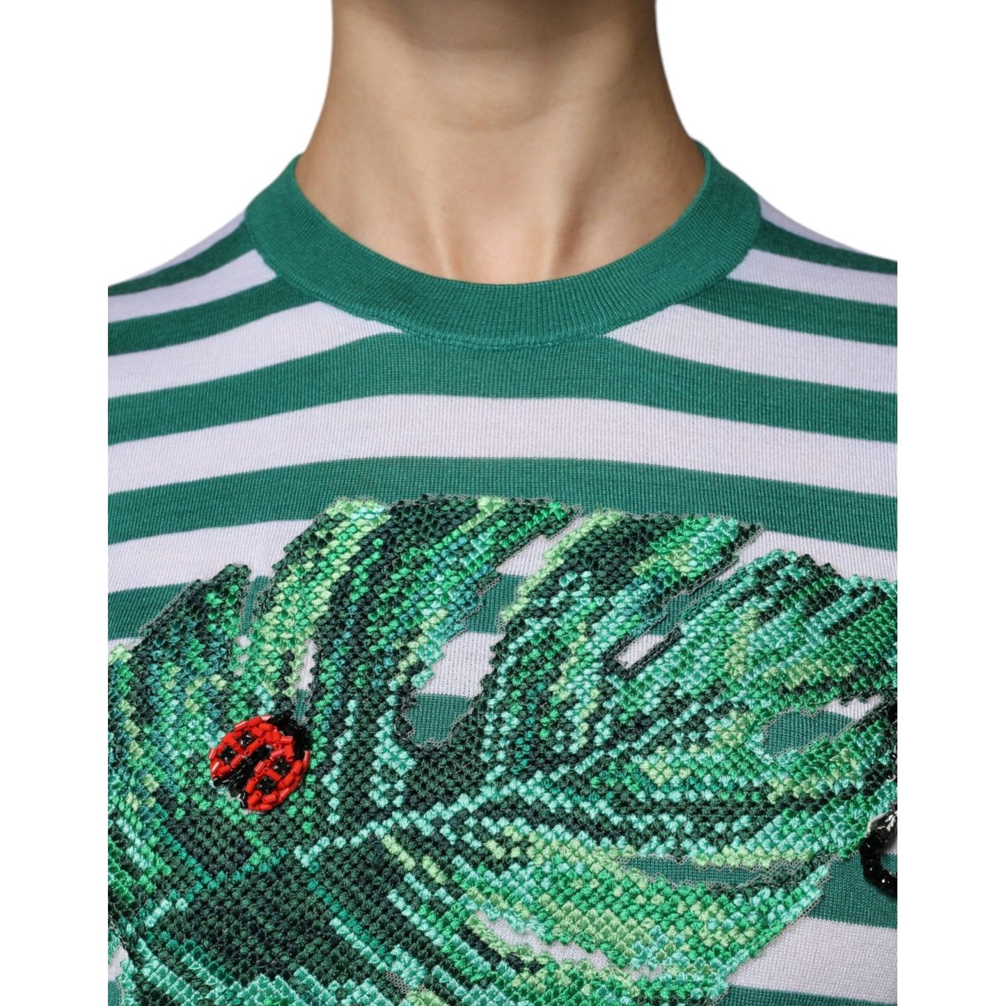 Dolce & Gabbana White Green Stripe Leaf Crew Neck T-shirt TSH86809-36
