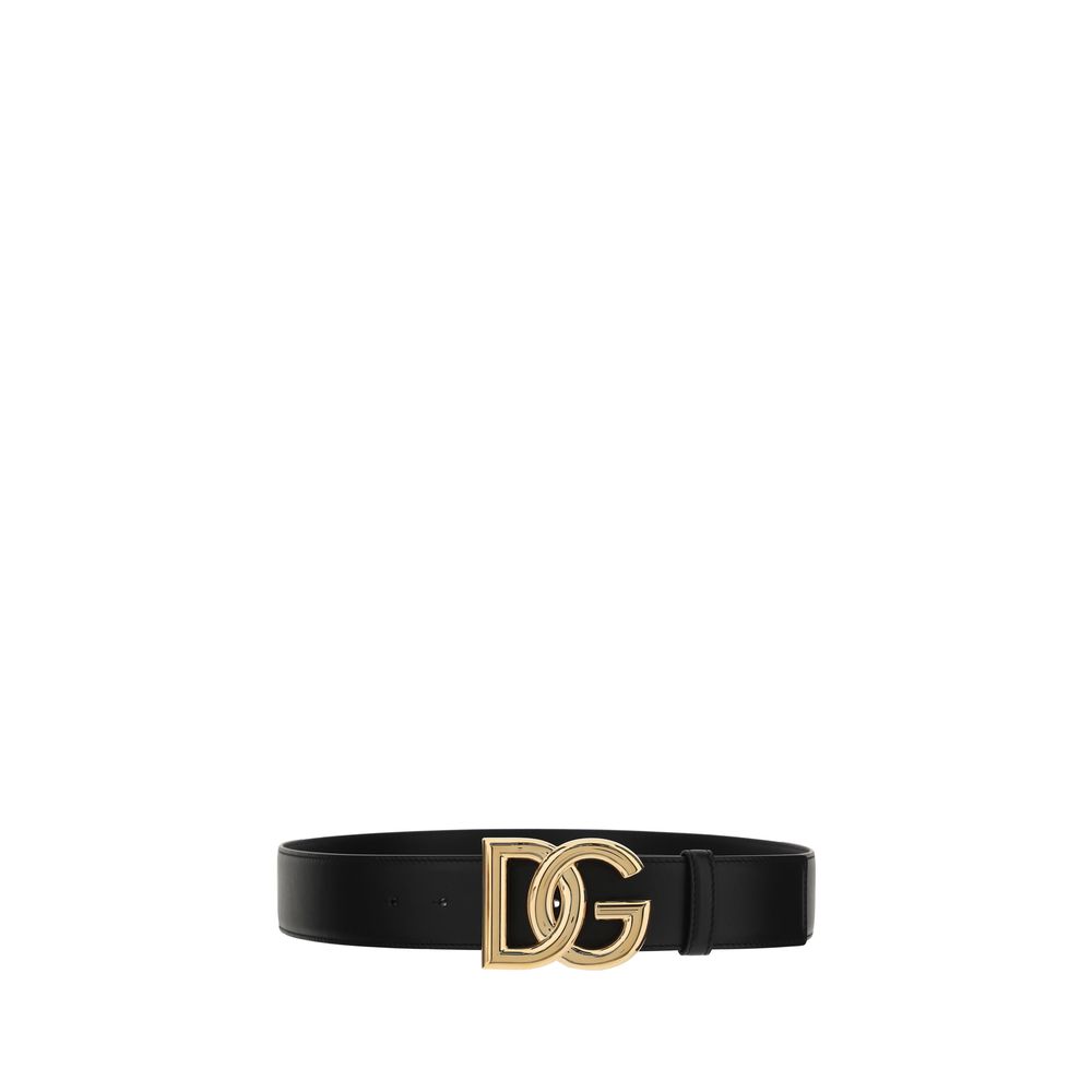 Dolce & Gabbana Black Calf Leather Bos Taurus Regular Belt with metallic brand monogram buckle
