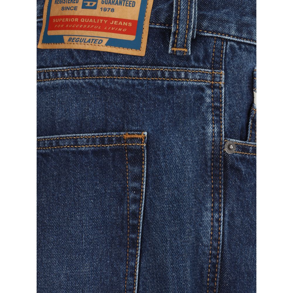 Close-up of Diesel Blue Cotton Relaxed Fit Jeans showcasing back pocket and signature leather patch, 100% cotton design.