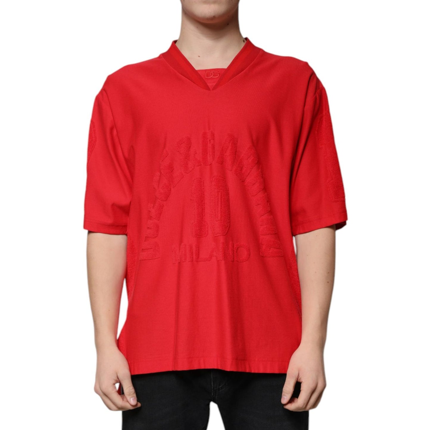 Dolce & Gabbana Red Cotton V-neck Short Sleeves T-shirt TSH87338-50