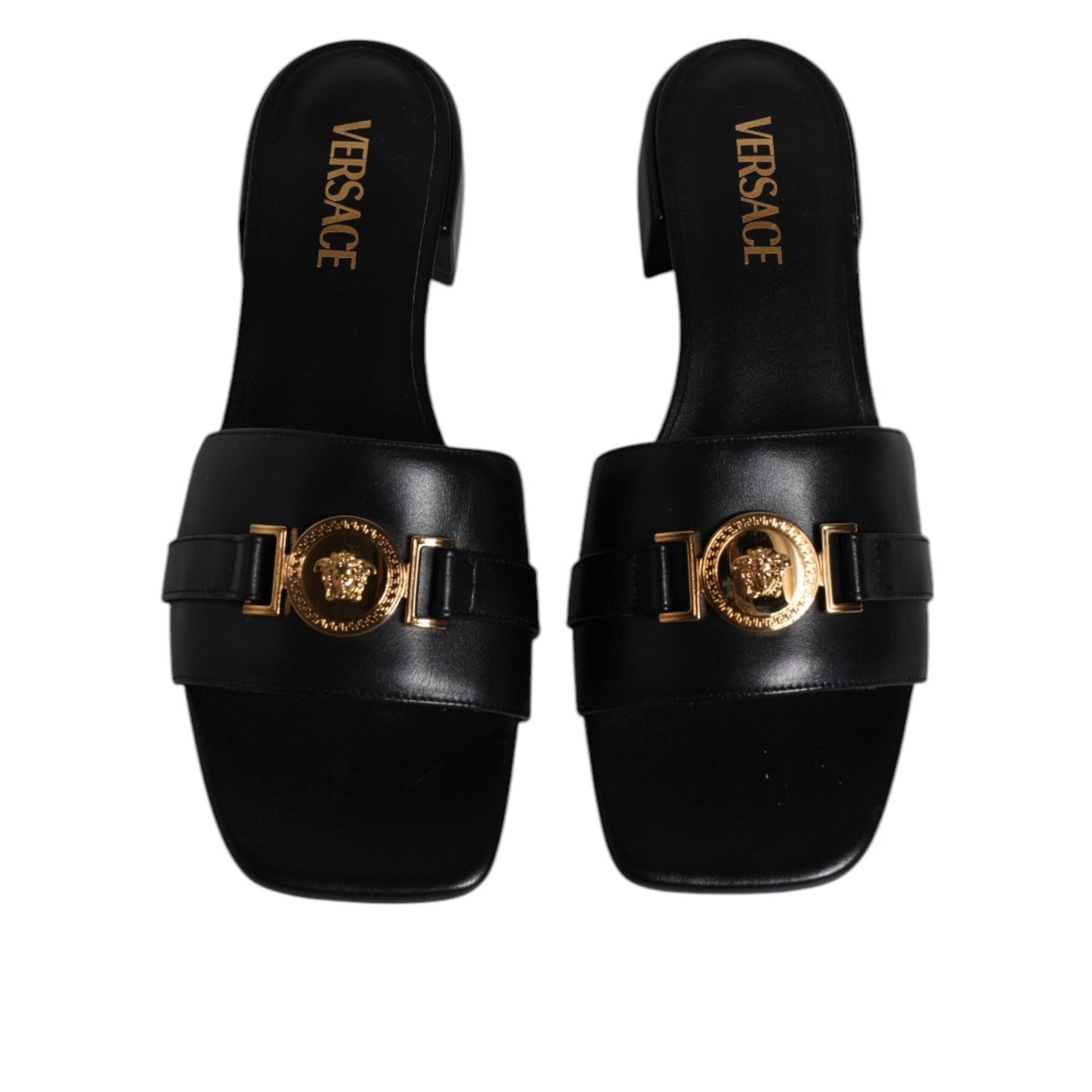 Versace Black Leather Logo Plaque Slip On Slides Flats Shoes LA12123-36