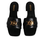 Versace Black Leather Logo Plaque Slip On Slides Flats Shoes LA12123-36