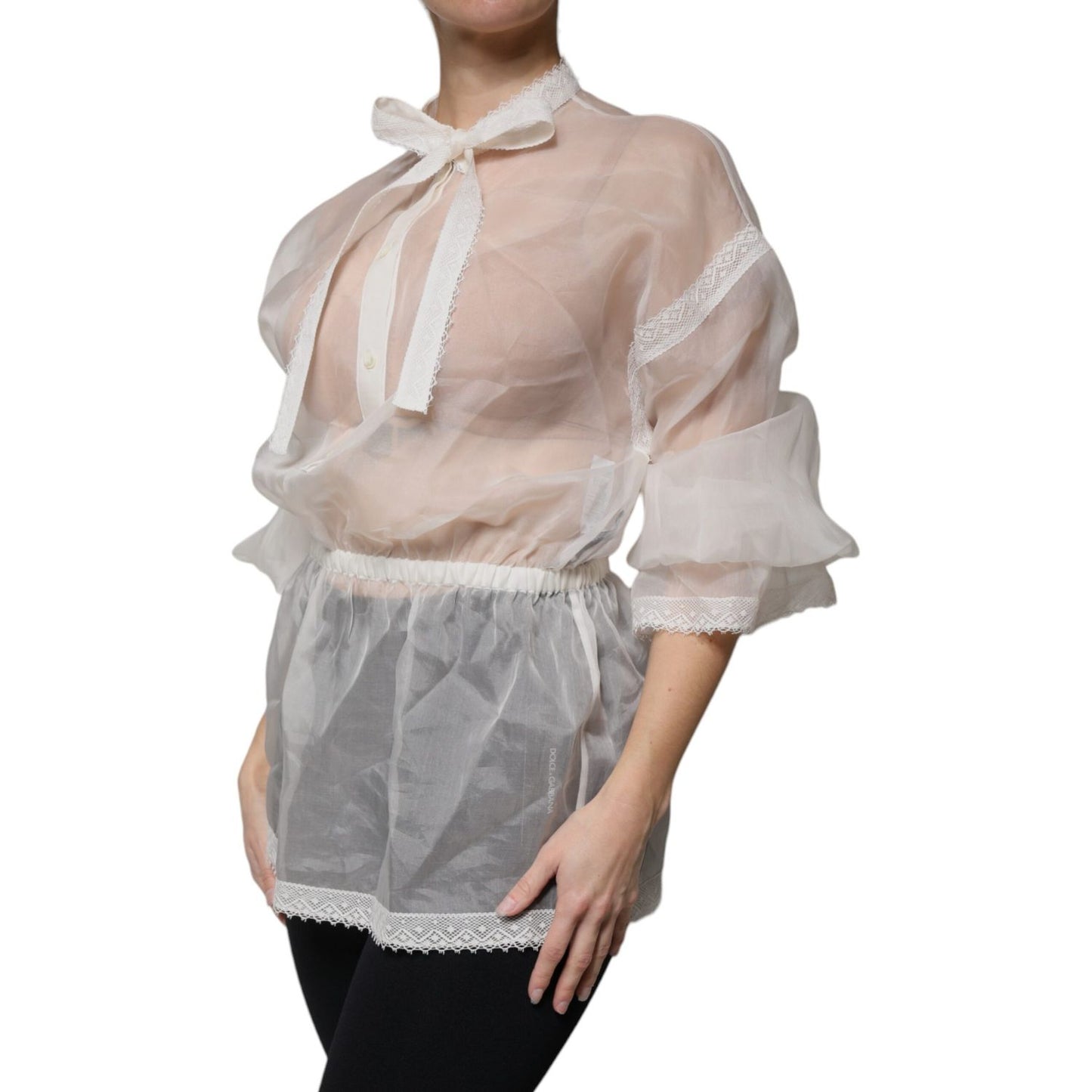 Dolce & Gabbana White Ascot Collar Long Sleeves Blouse Top