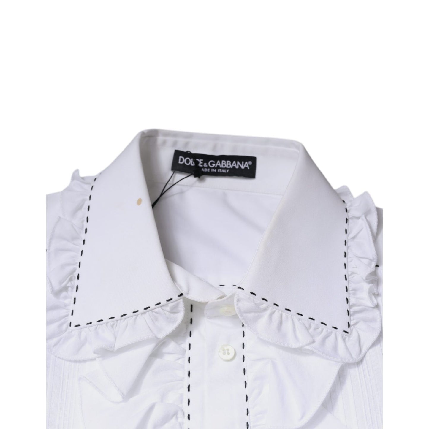 Dolce & Gabbana White Cotton Long Sleeves Ruffle Collar Top