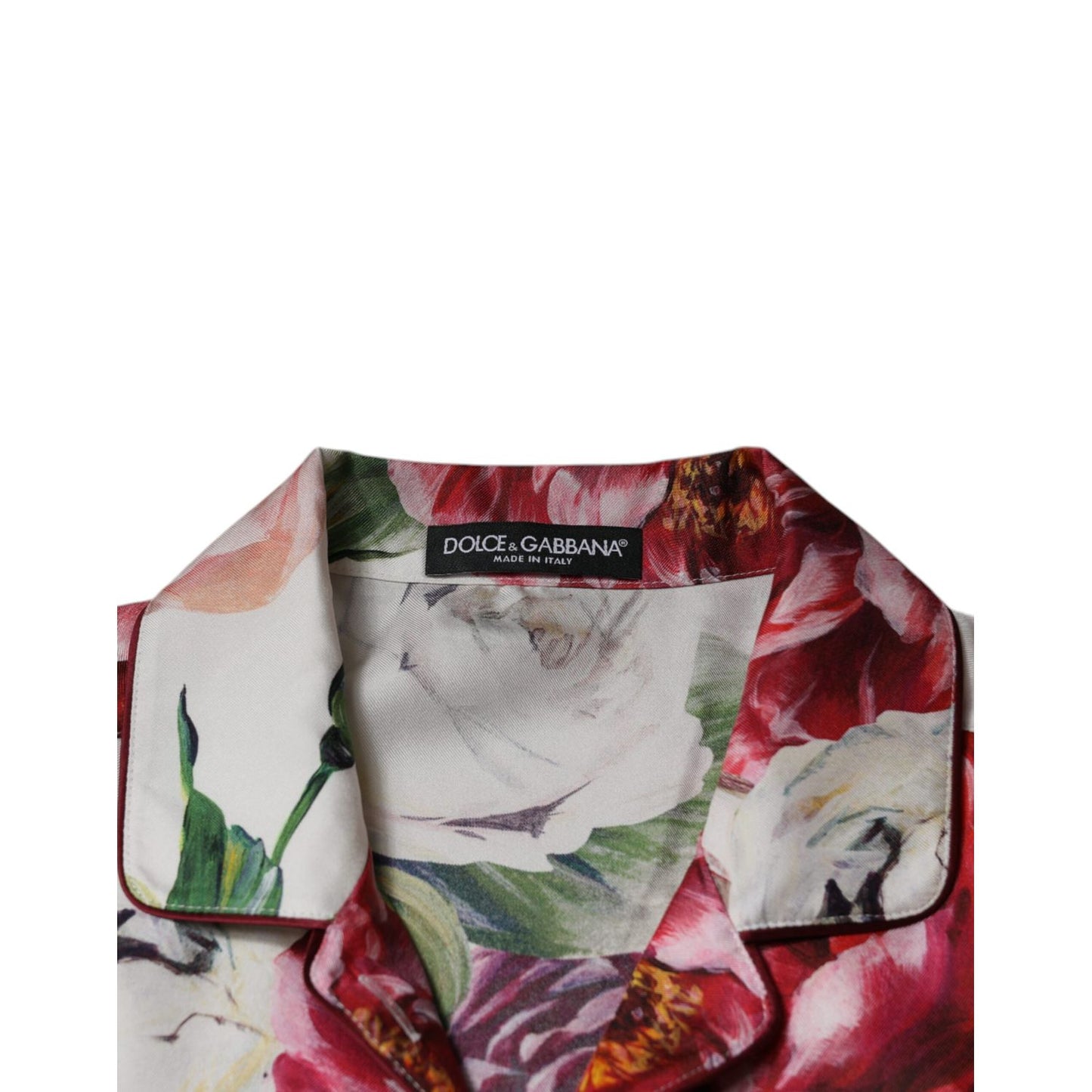 Dolce & Gabbana White Peony Silk Long Sleeves Collared Blouse Top