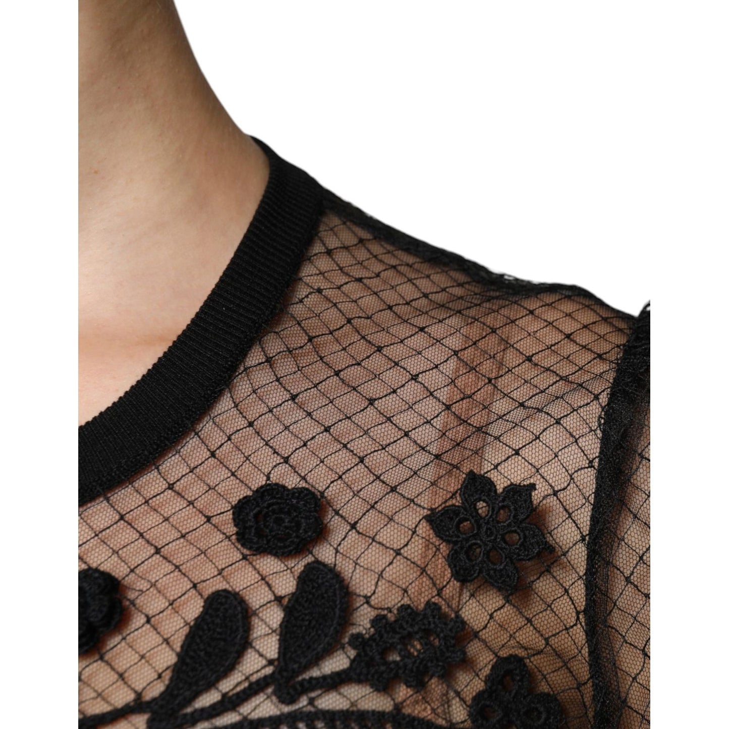 Dolce & Gabbana Black Floral Lace Short Sleeves Blouse Top