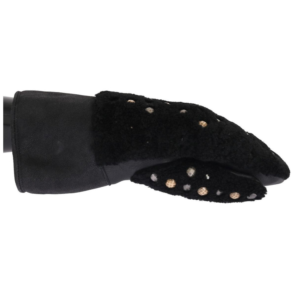 Dolce & Gabbana Black Leather Shearling Studded Gloves LB159-1