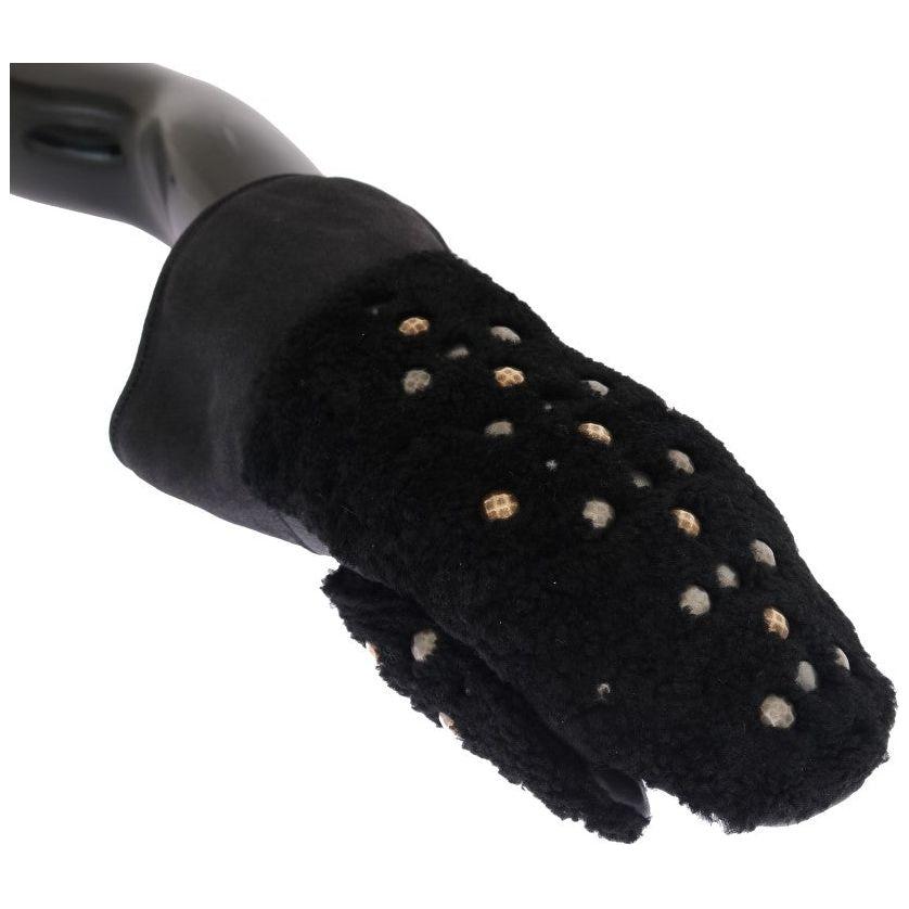 Dolce & Gabbana Black Leather Shearling Studded Gloves LB159-1