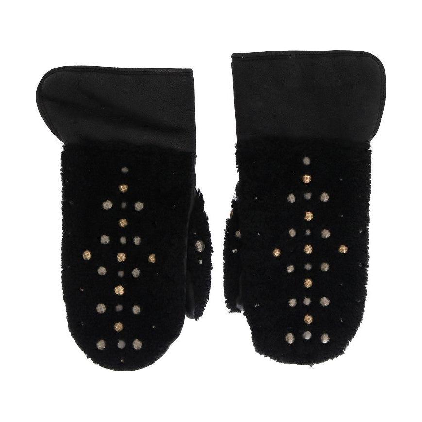Dolce & Gabbana Black Leather Shearling Studded Gloves LB159-1