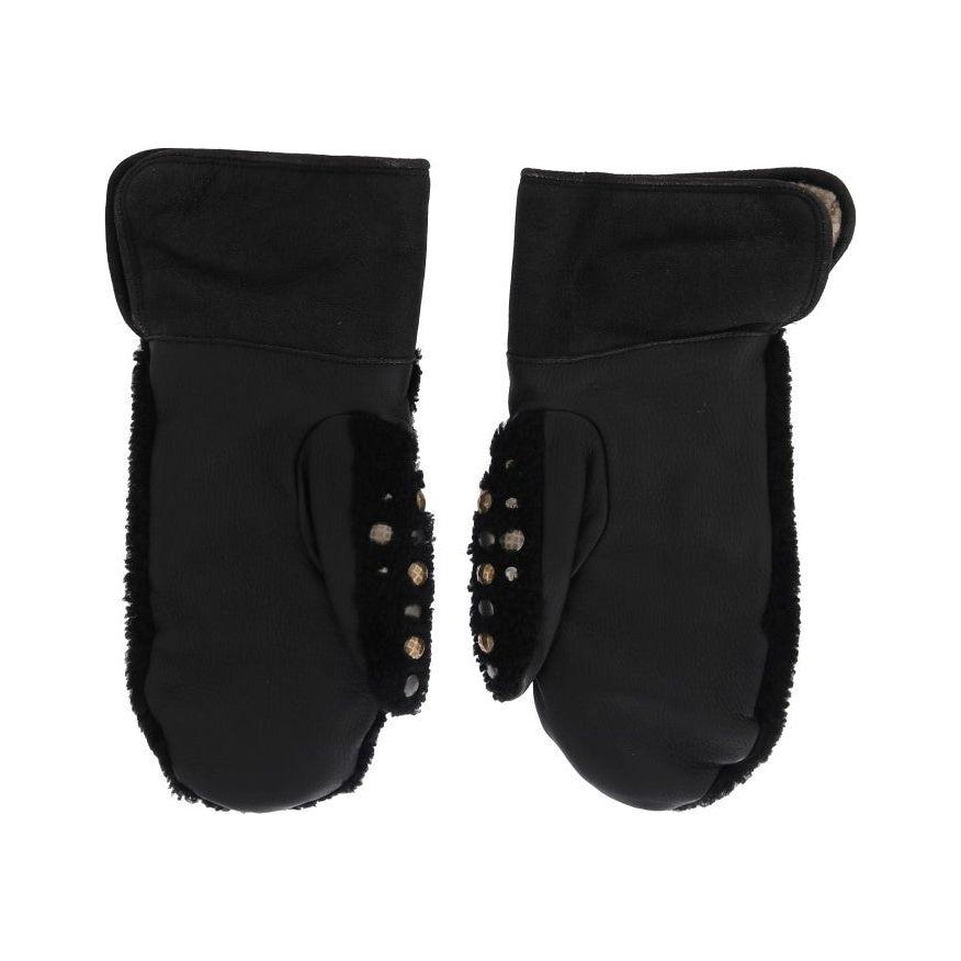 Dolce & Gabbana Black Leather Shearling Studded Gloves LB159-1