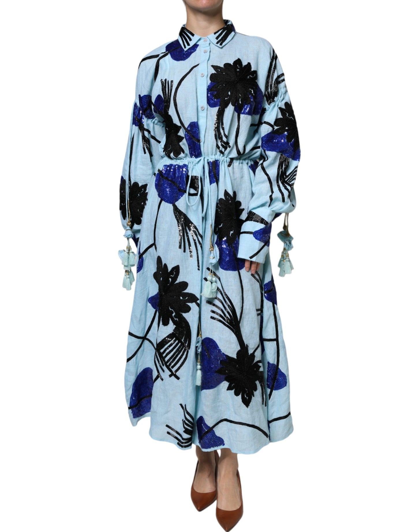 Christian Pellizzari Light Blue Floral Embellished Shirt Maxi Dress DR281375-42