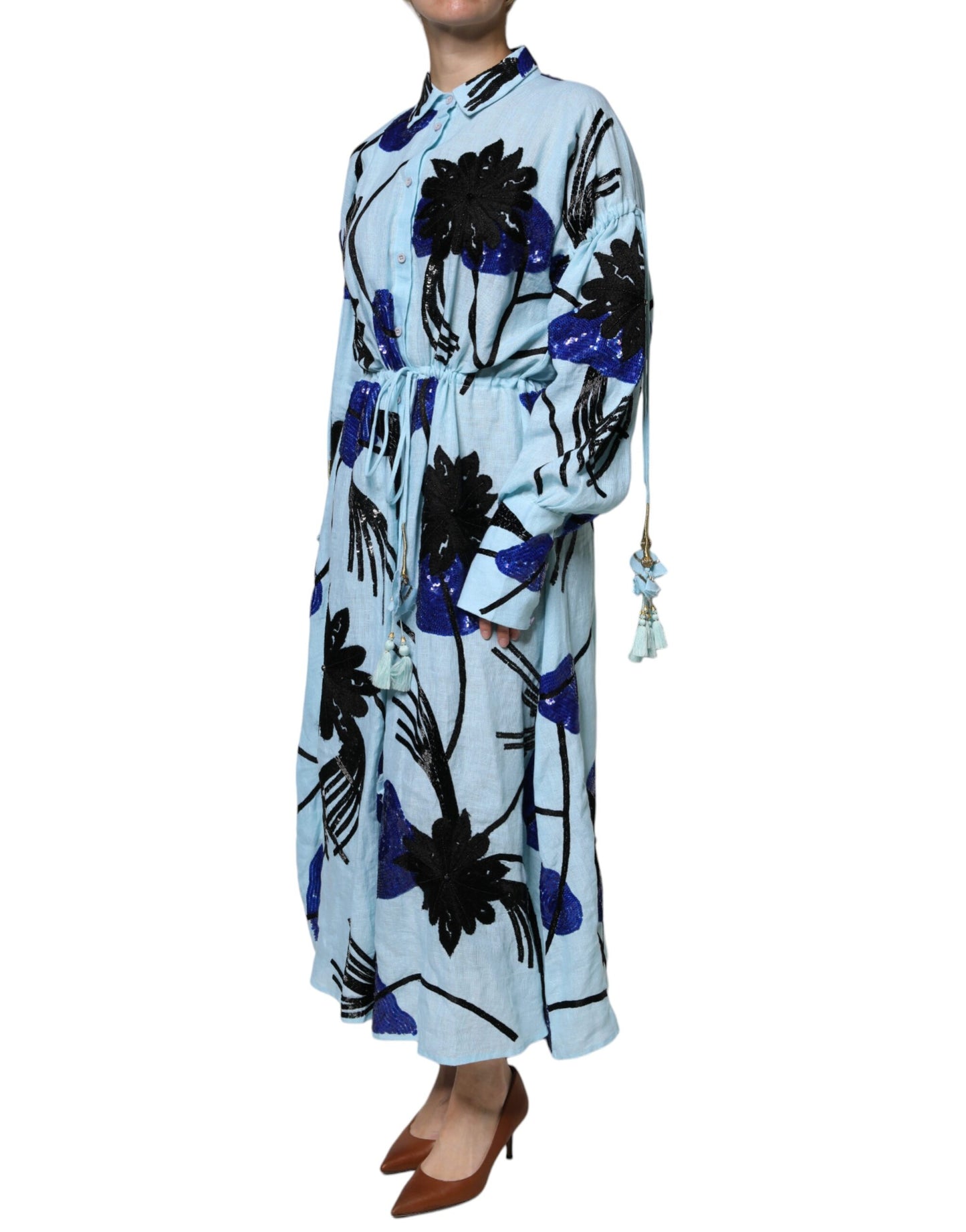Christian Pellizzari Light Blue Floral Embellished Shirt Maxi Dress DR281375-42