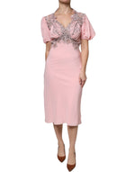 Ermanno Scervino Pink Floral Lace Short Sleeves V-neck Midi Dress DR281383-44