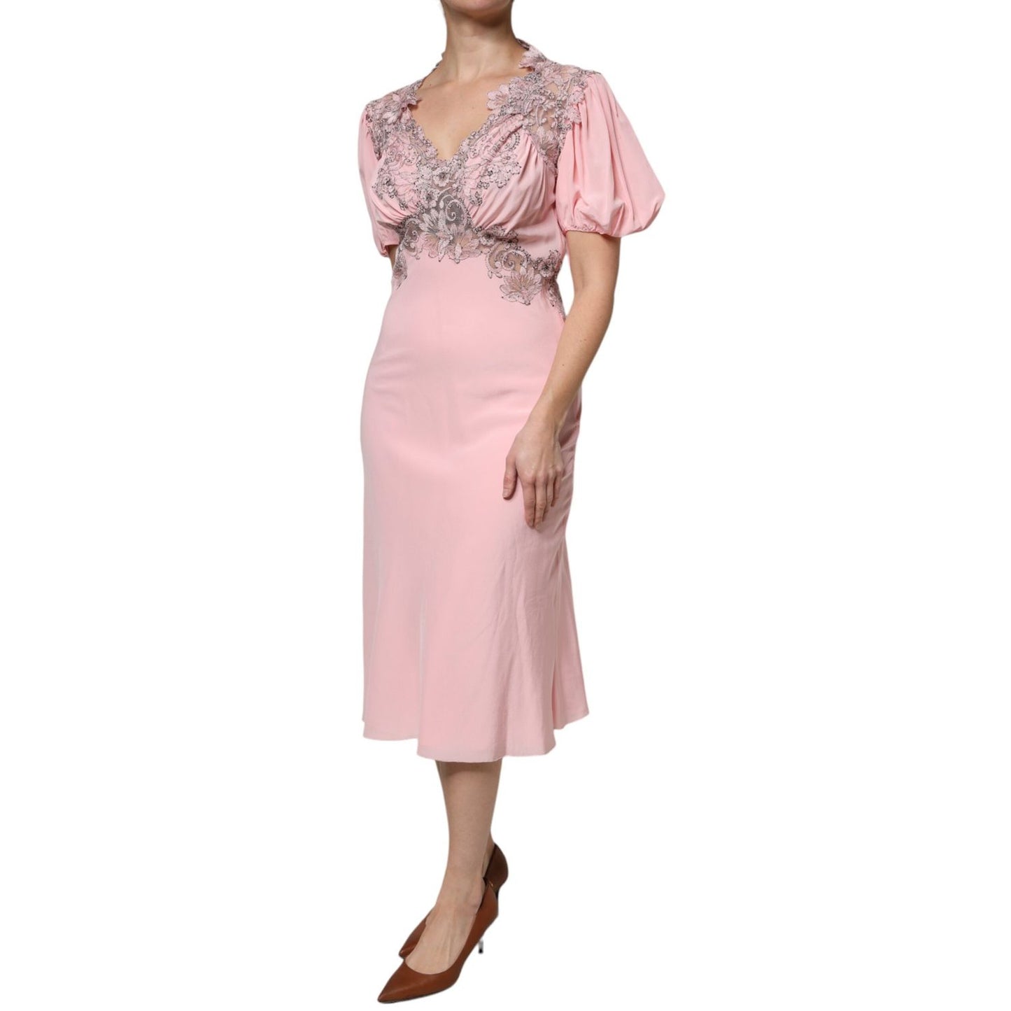 Ermanno Scervino Pink Floral Lace Short Sleeves V-neck Midi Dress DR281388-40