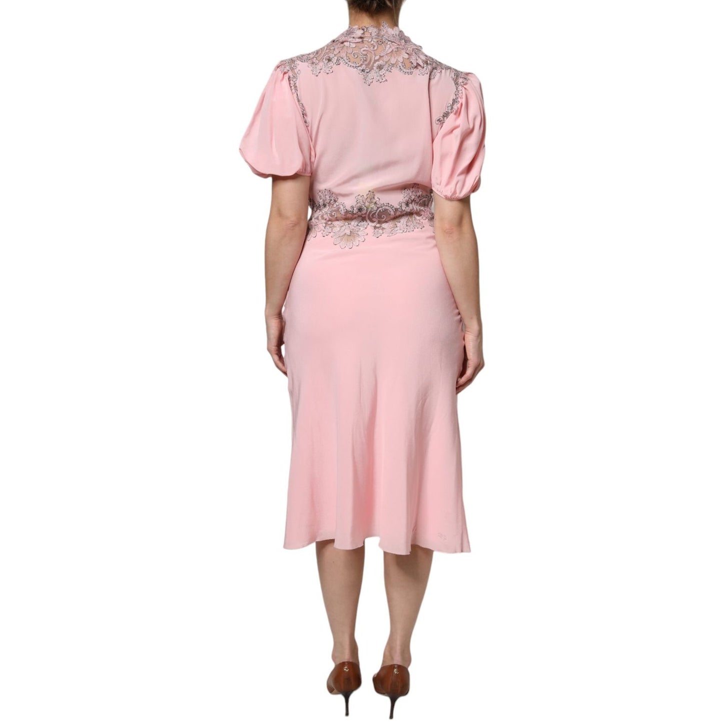 Ermanno Scervino Pink Floral Lace Short Sleeves V-neck Midi Dress DR281388-40