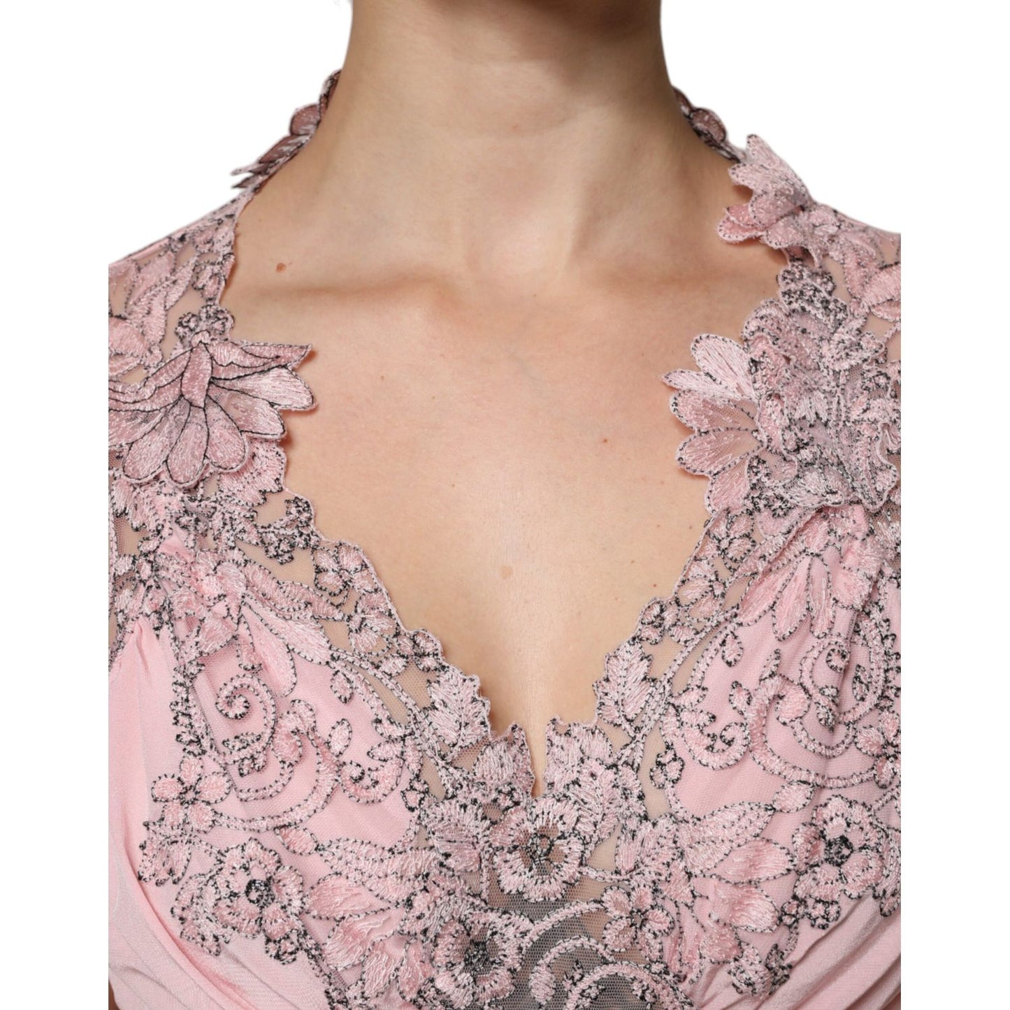 Ermanno Scervino Pink Floral Lace Short Sleeves V-neck Midi Dress DR281388-40