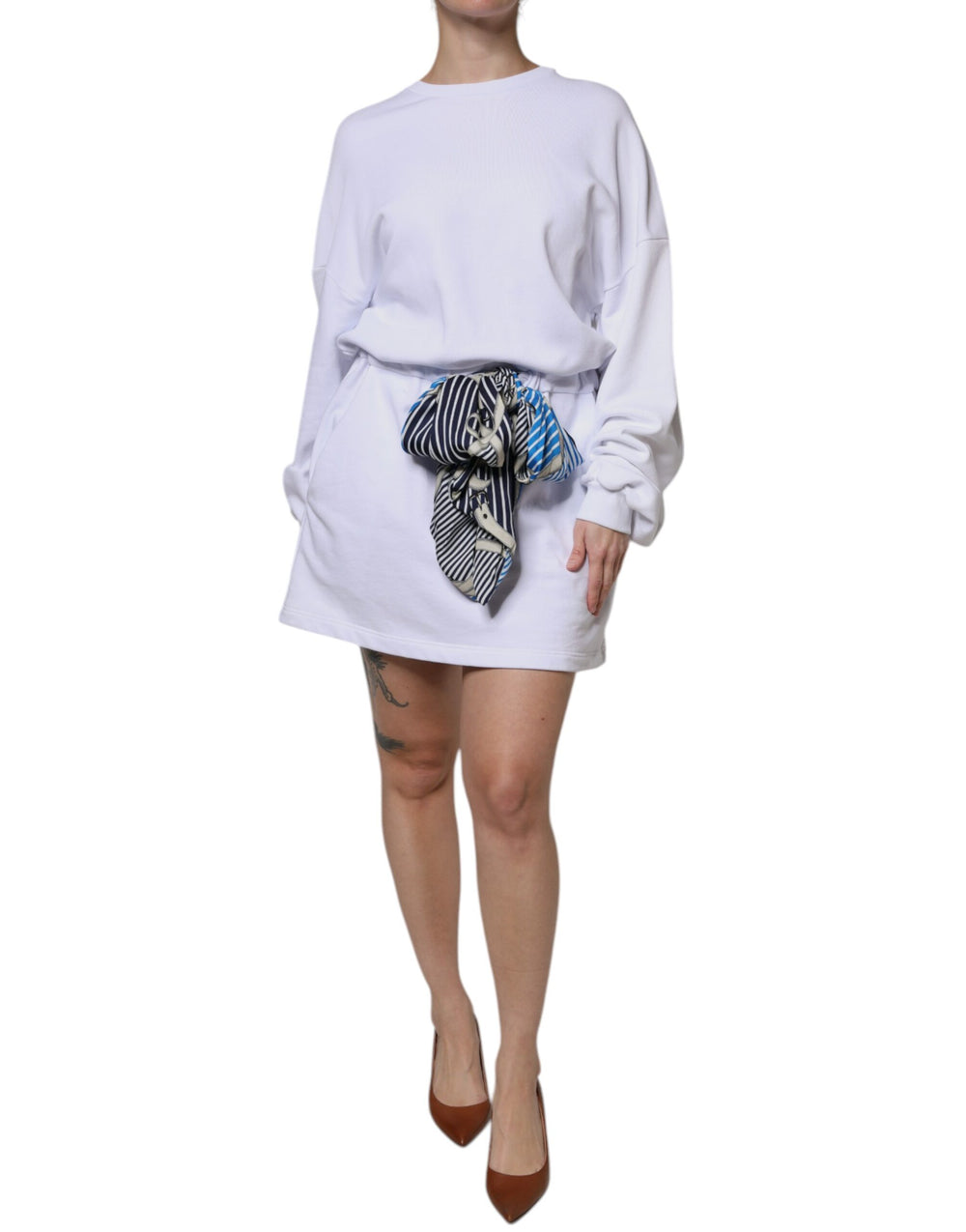MSGM White Cotton Belted Long Sleeves Crew Neck Mini Dress DR281397-40