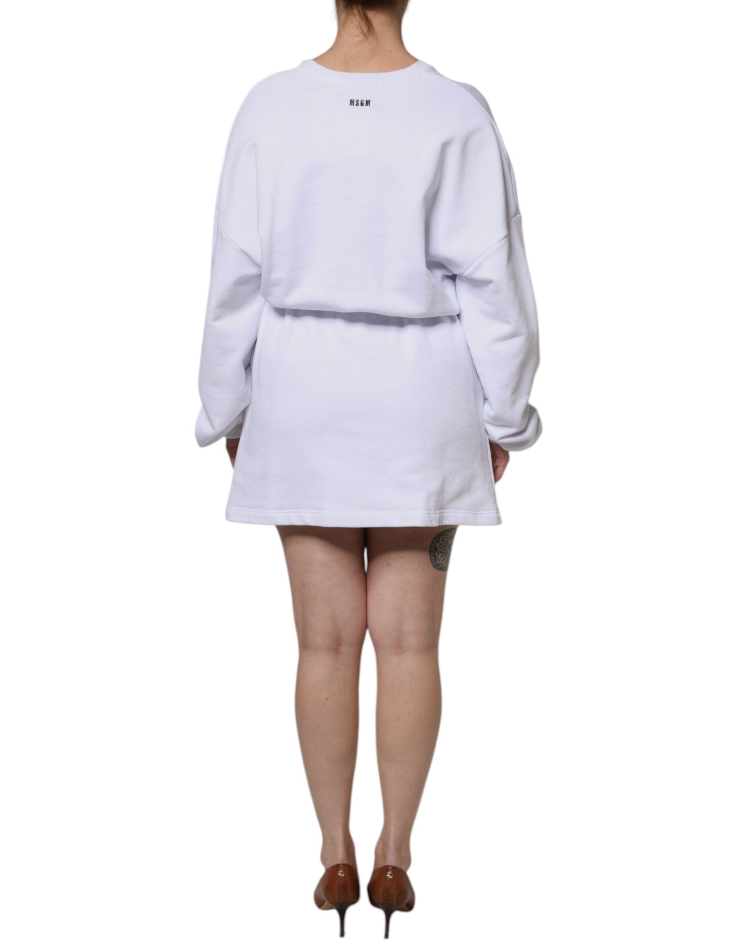 MSGM White Cotton Belted Long Sleeves Crew Neck Mini Dress DR281397-40