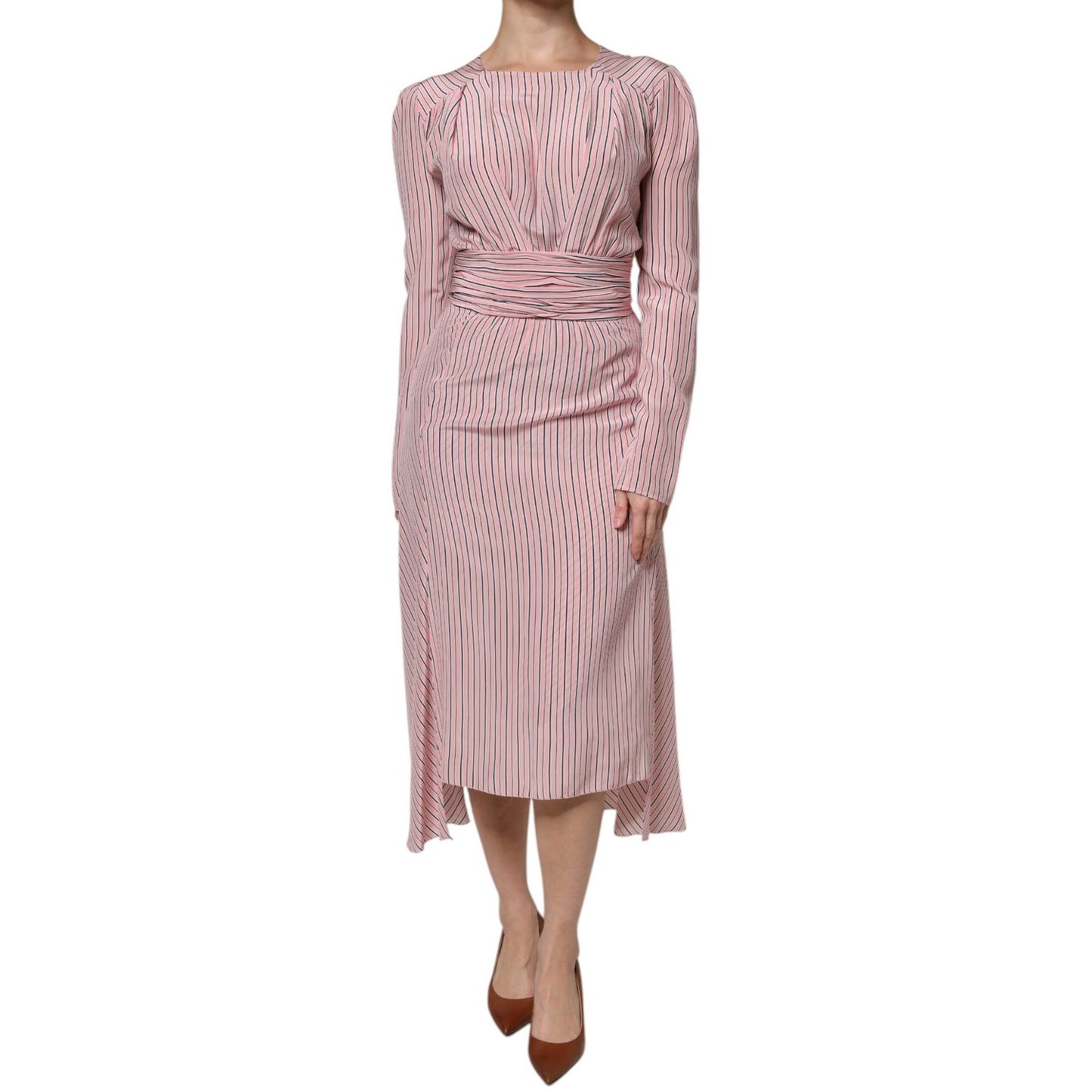 Ermanno Scervino Pink Stripes Silk Long Sleeves Midi Dress DR281401-38
