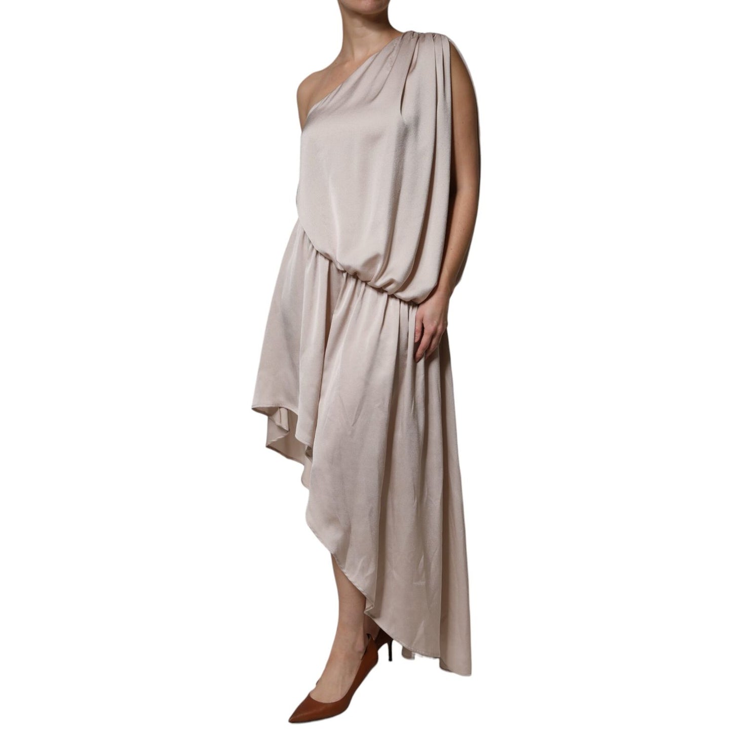 Christian Pellizzari Beige One Shoulder Asymmetric Drape Dress DR281425-40