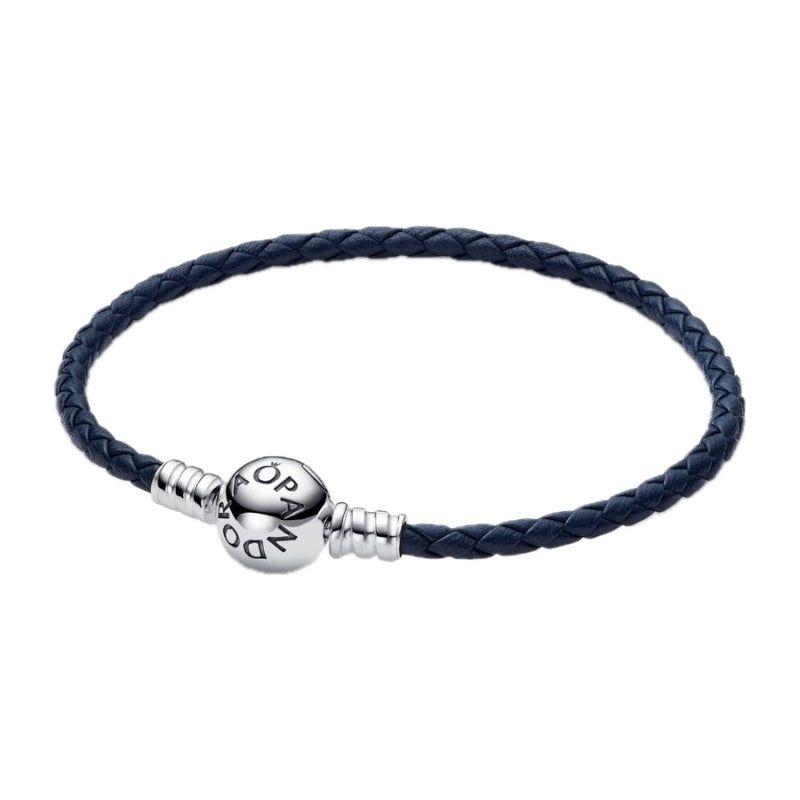PANDORA MOMENTS COLLECTION Mod. ROUND CLASP BLUE BRAIDED LEATHER BRACELET 592790C01-S1