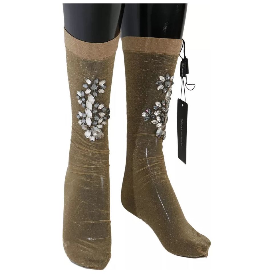 Dolce & Gabbana Gold Stretch Floral Clear Crystal Stocking Socks SCS54-M