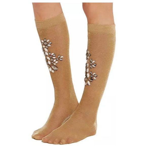 Dolce & Gabbana Gold Stretch Floral Clear Crystal Stocking Socks SCS54-M
