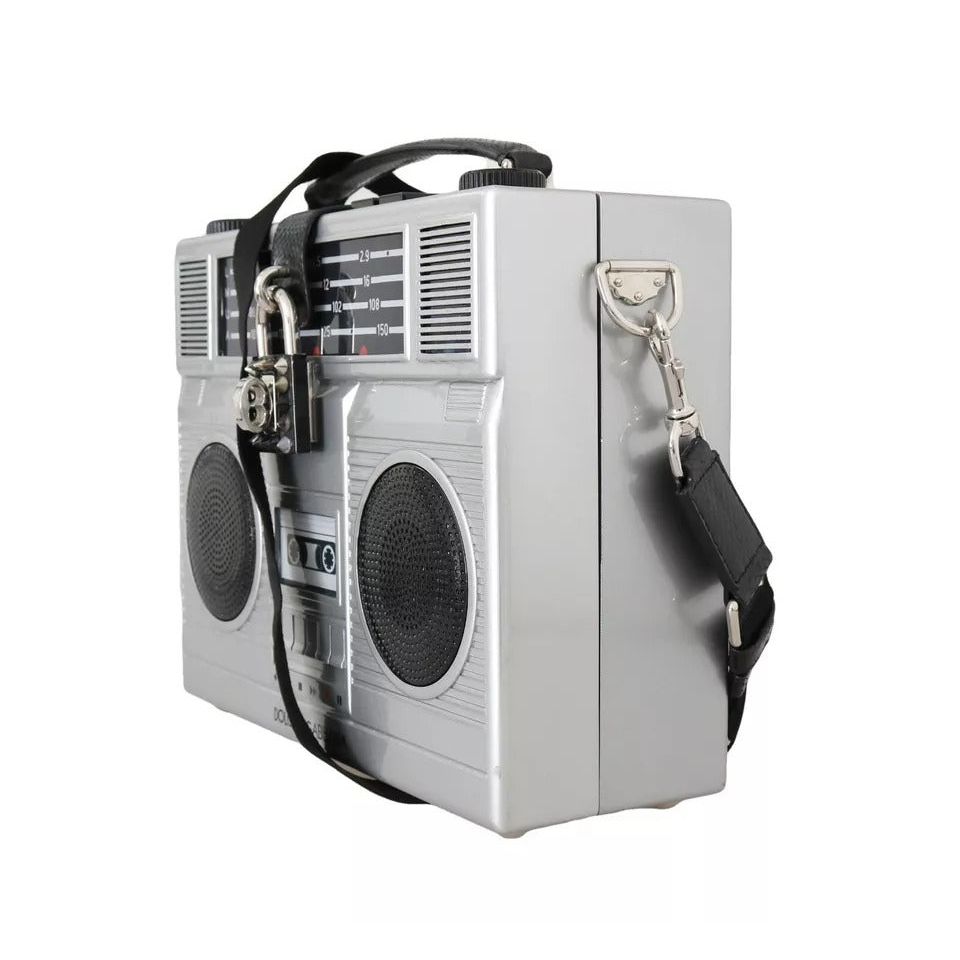 Dolce & Gabbana Silver Retro Radio Boombox Limited Edition Handmade Wood Bag VAS15485