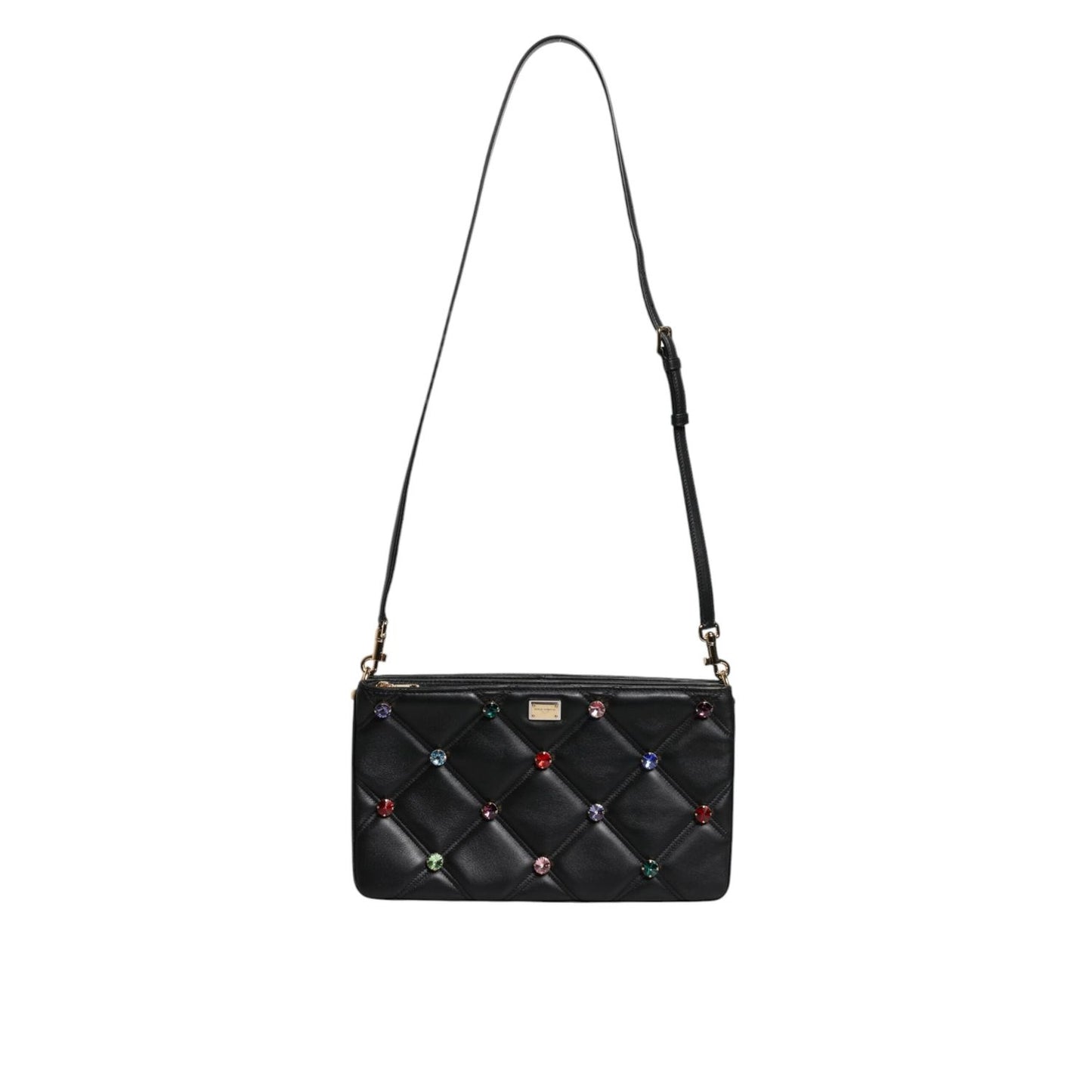 Dolce & Gabbana Black Leather Crystal Embellished Logo Shoulder Bag