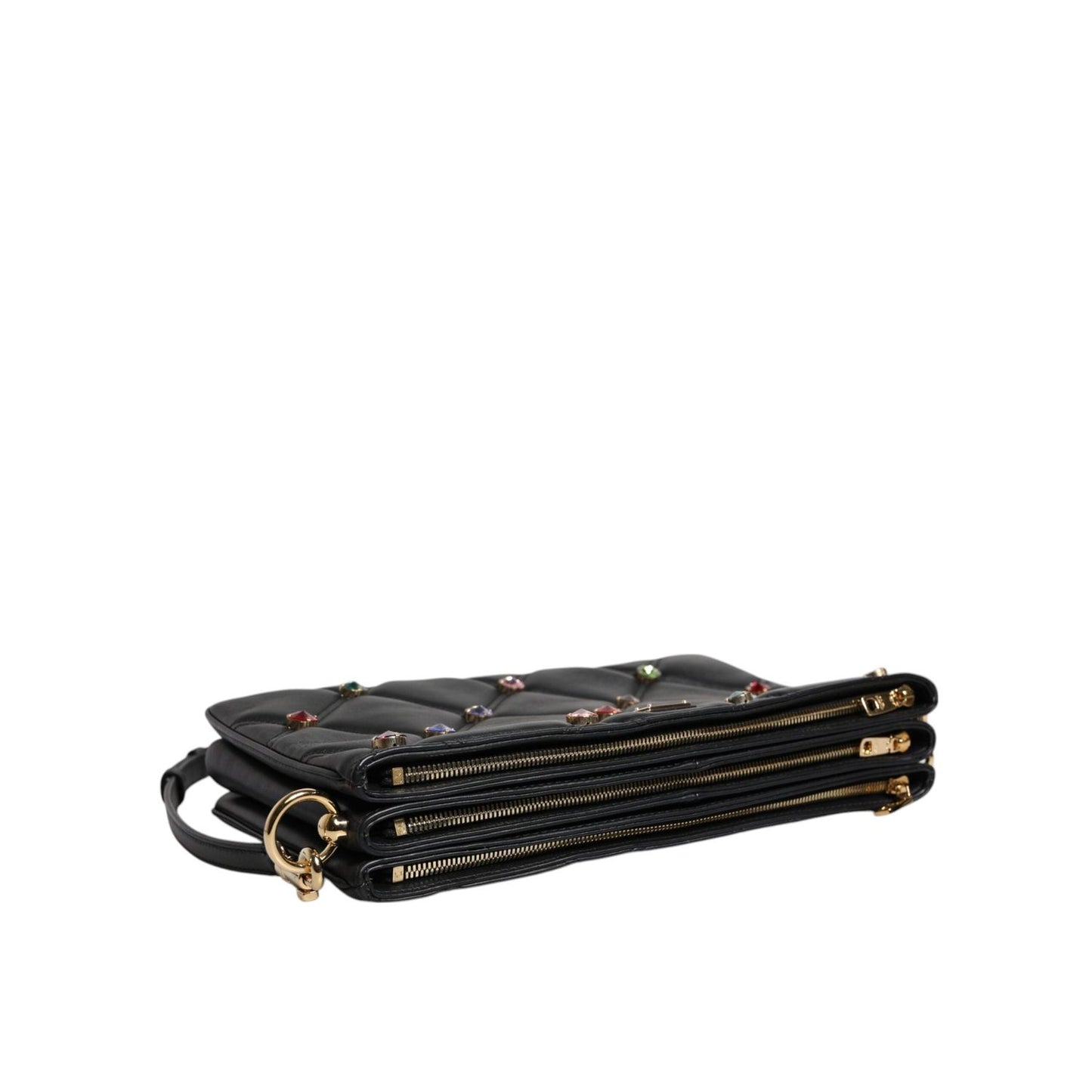 Dolce & Gabbana Black Leather Crystal Embellished Logo Shoulder Bag