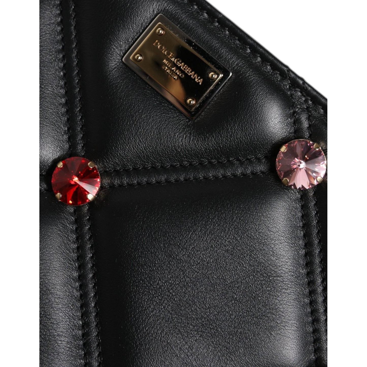 Dolce & Gabbana Black Leather Crystal Embellished Logo Shoulder Bag