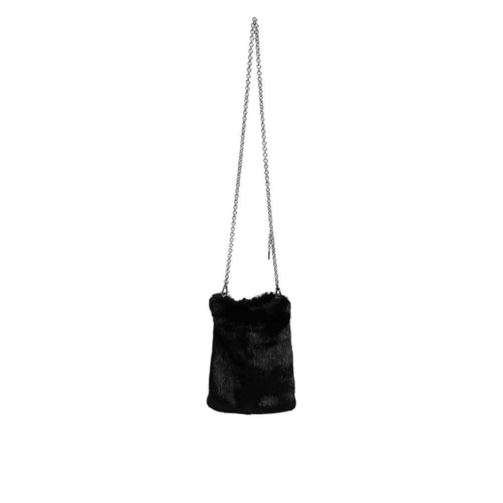 Dolce & Gabbana Black Faux Fur Silver Chain Crossbody Shoulder Purse Bag BAG4151