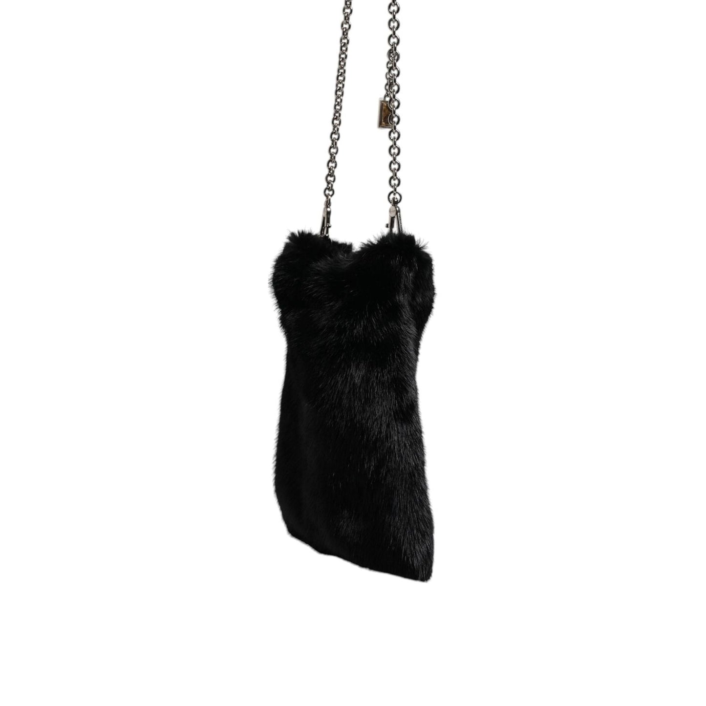 Dolce & Gabbana Black Faux Fur Silver Chain Crossbody Shoulder Purse Bag BAG4151